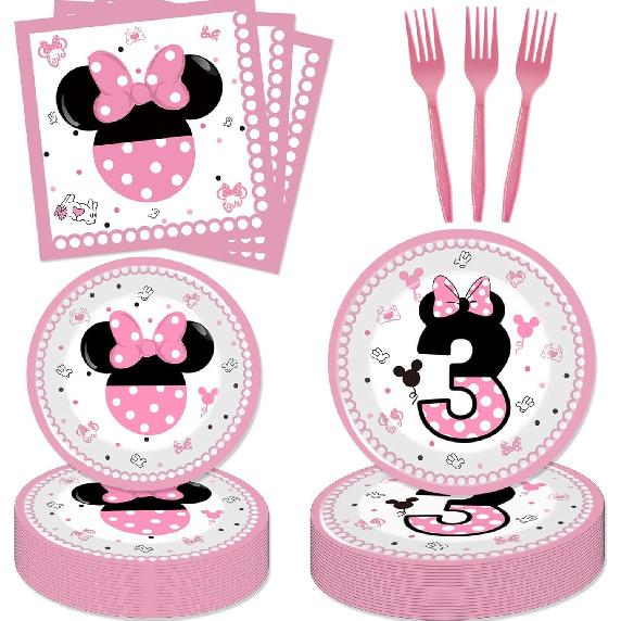 50 Pcs Pink 3rd Birthday Party Dinnerware Girls Wild Three Tableware Set Pink 3th Bday Paper Plates Napkins Forks for Girl s 3 Year Old Bday Party