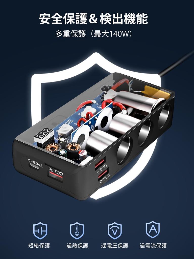 OOWOLF Cigarette Lighter Socket, 3 Row Expansion Socket, Black