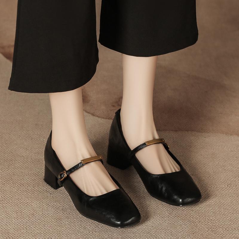Autumn Winter New Soft Leather Mary Jane Shoes Chunky Heel Square Toe Retro Strap Comfortable Women Shoes Non-Slip Comfort
