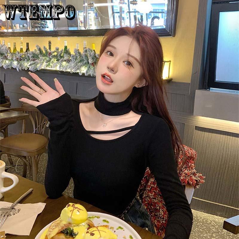 Schlanker dünner Stehkragen-Pullover mit ausgehöhlter Vorderseite Sexy einfarbige Damen Langarmshirt Eng anliegendes Hemd Lässig Frühling Sommer