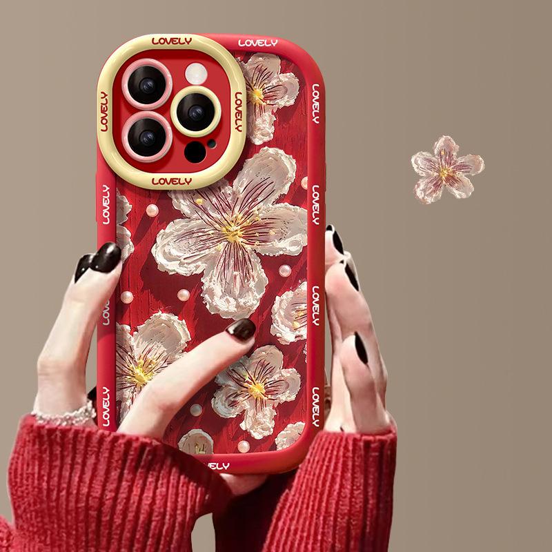 Oil Painting Flowers Suitable for Apple 15pro Mobile Phone Case Iphone14plus Silicone Puff 13 Full Cover Anti-fall 16