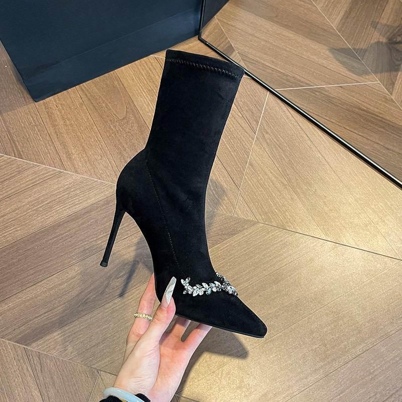 Fashion High Heeled Skinny Boots Autumn New Pointed Toe Rhinestone Suede Sleeve Non-Slip Skinny Heel Shortho Boots