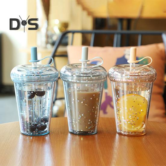 Leak-proof Iced Coffee Cup Reusable Straight Pipette Cup with Built-in Straws Double Wall Insulated Iced Coffee Tumbler Cartoon Drinking Cup