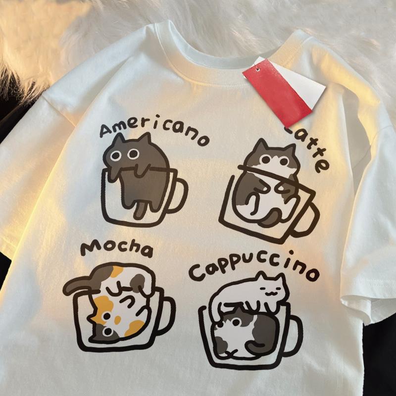 Katze Kaffee Reine Baumwolle Trendiges Sommer Locker Kurzärmeliges T-Shirt Unisex Damen Original Mokka Latte Katze Drei Blumen Lustige Katzen-T-Shirts