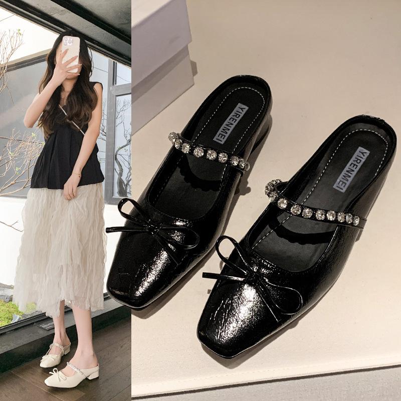 Mary Jane shoes women's spring and summer 2025 new French bow rhinestone square head sandals bag head thick heel slippers women