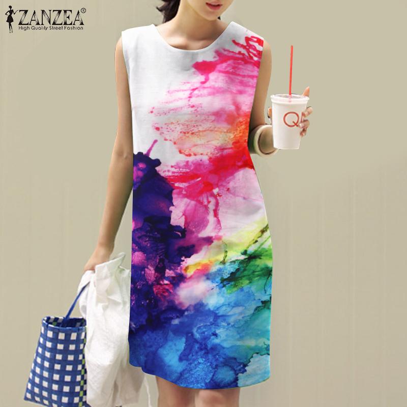 

ZANZEA Женское повседневное летнее платье без рукавов с круглым вырезом и принтом