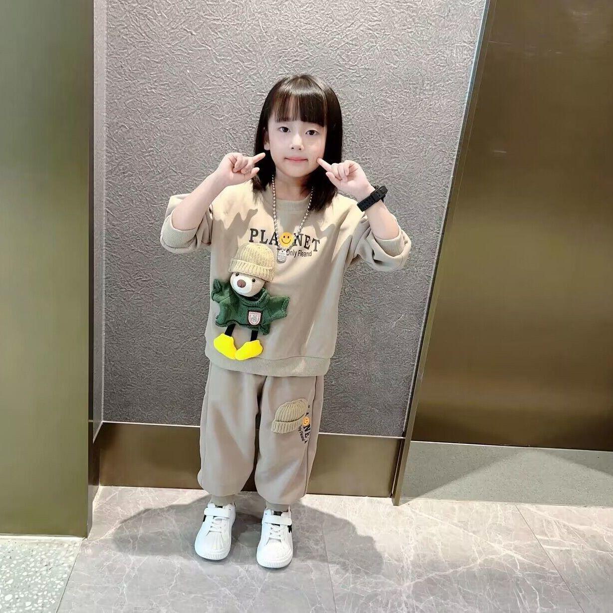 2023 Girls Korean-Style Bear Sweatshirt Set - Spring/Autumn Long Sleeve Two-Piece 66 (Single Piece Random)