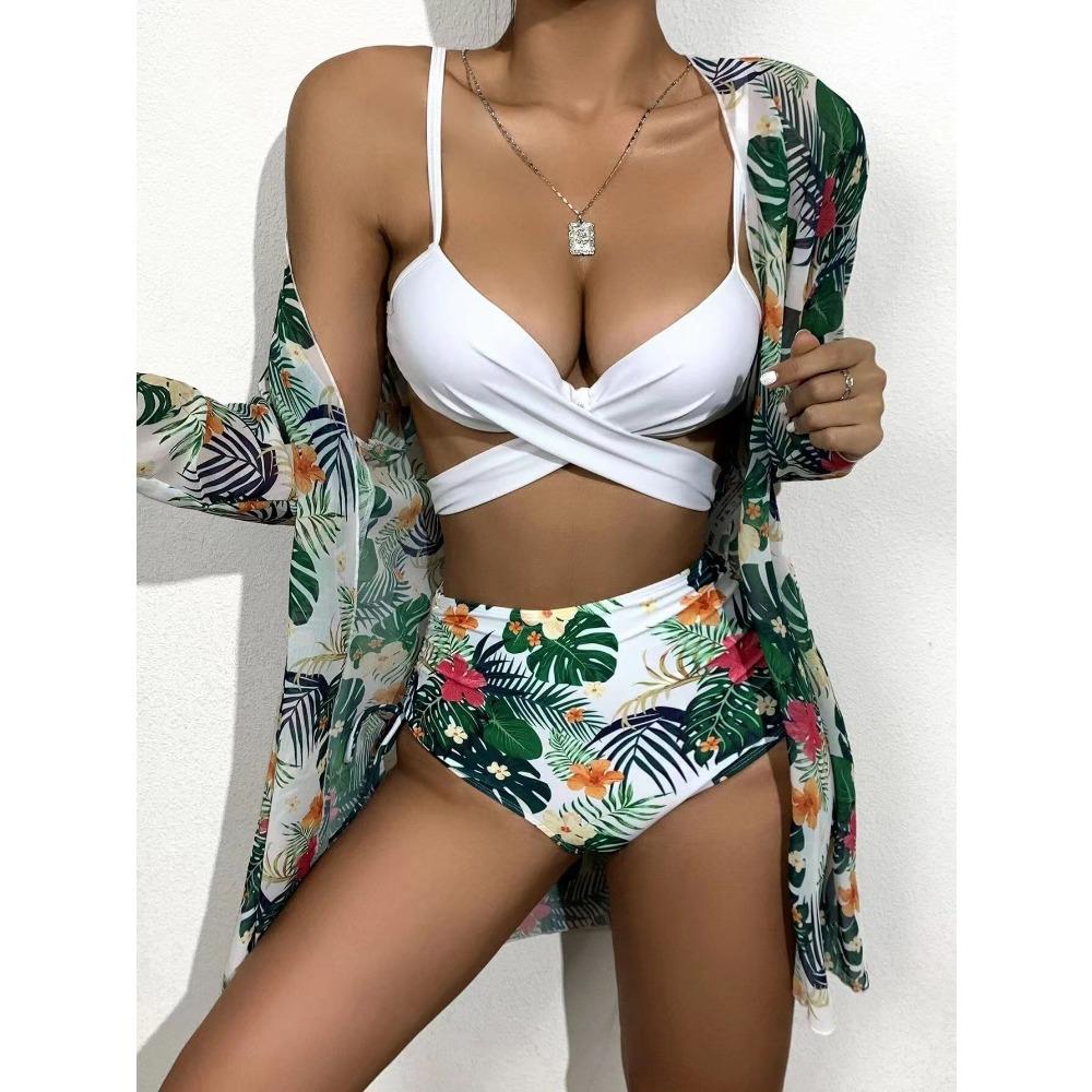 European and American Bikini Sexy Push Up Mesh Three-Piece Printed Split Swimsuit
