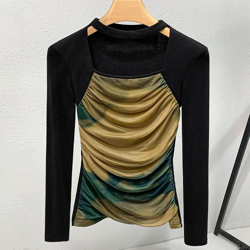 

Сетчатая рубашка для женщин, новая женская футболка в стиле ретро с квадратным воротником, с длинными рукавами, с принтом тай-дай, топ-стрейч 3XL чёрный