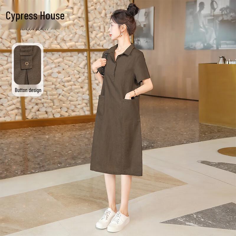 Sibaishe Women s Lapel Short Sleeve Mid-length Shirt Dress M