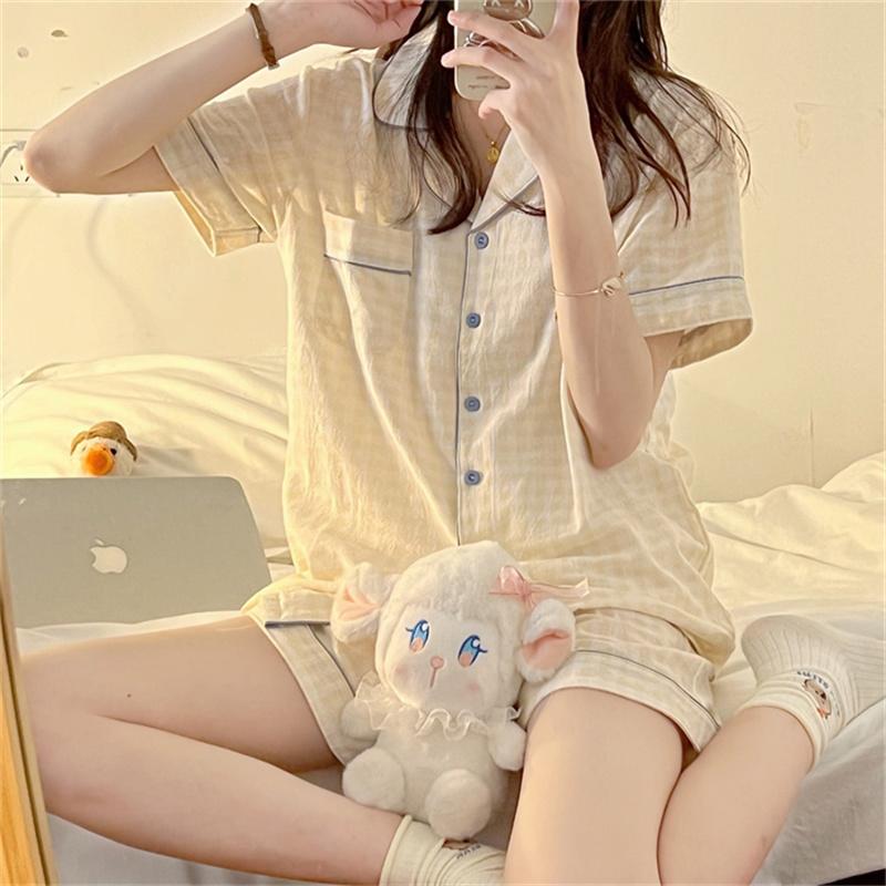 Japanese-style Unprinted Style Summer Fresh Cotton Pajamas Women's Short Sleeves 1011 New Loose Outer Loungewear Suit