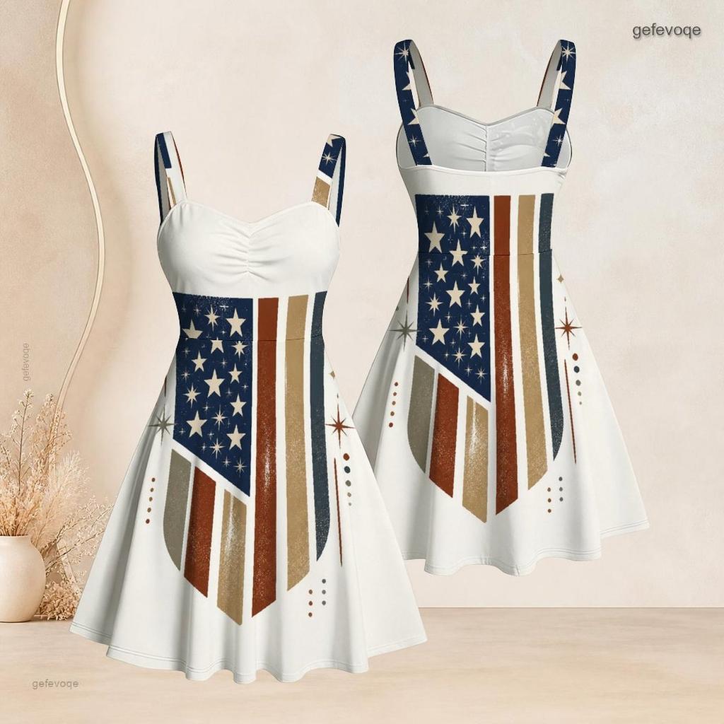 Women Plus Size Off Shoulder Sleeveless Strappy Star Stripe Printed Flared Dress