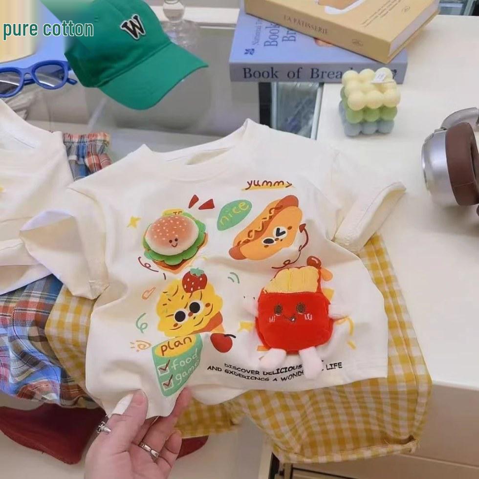 

Pure Cotton Kids Cartoon T-shirt - Short Sleeve, Korean Style, Burger Print, Parent-Child Summer Top 160cm