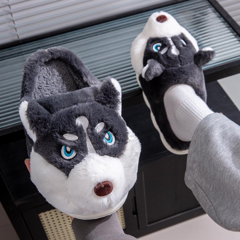Men's Winter Cartoon Husky Cotton Slippers - Indoor Warm Plush Furry Heel for Couples