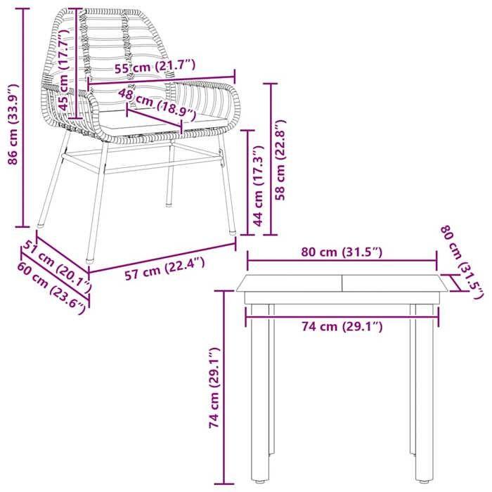 VidaXL Ensemble à manger jardin coussins 3pcs marron poly rotin verre 3334555