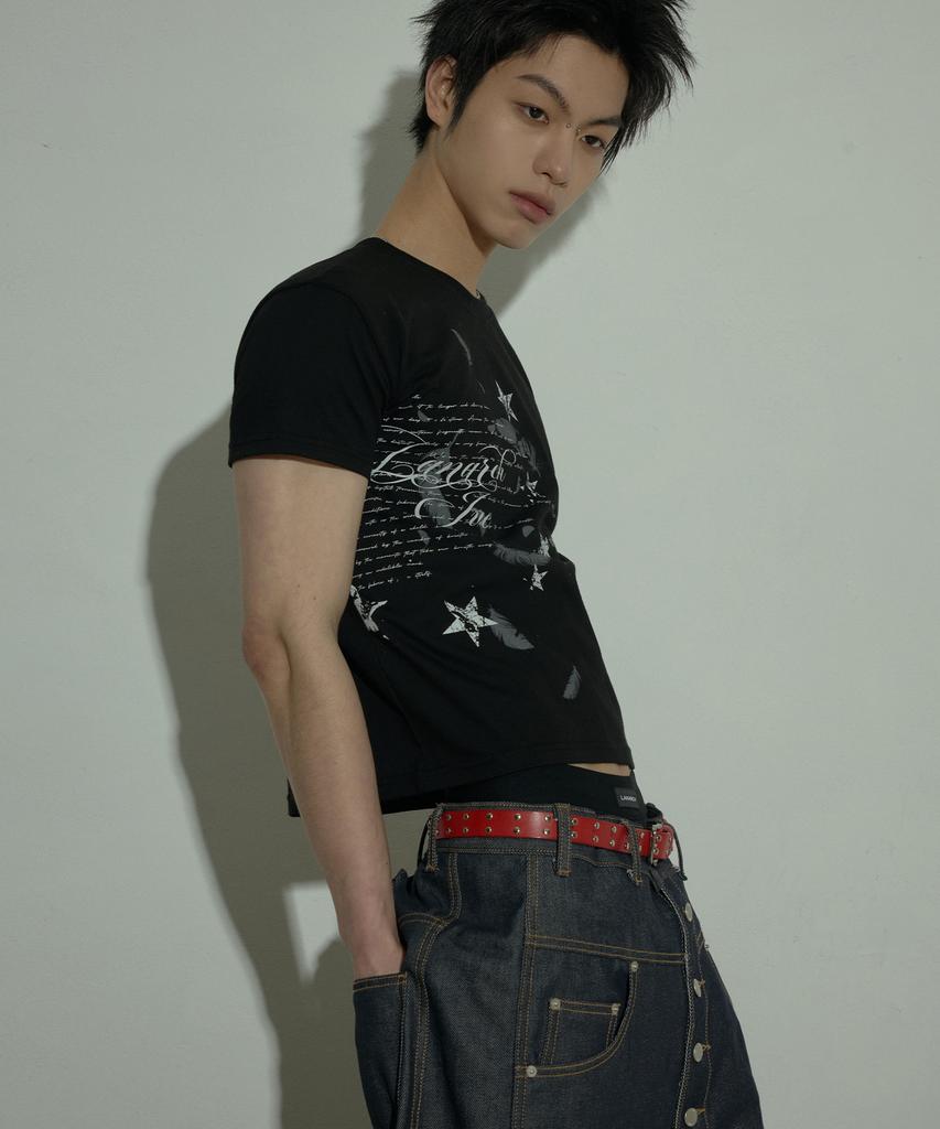 LANARCHIVE [0096] Star Feather Graphic Slim T-Shirt - Black