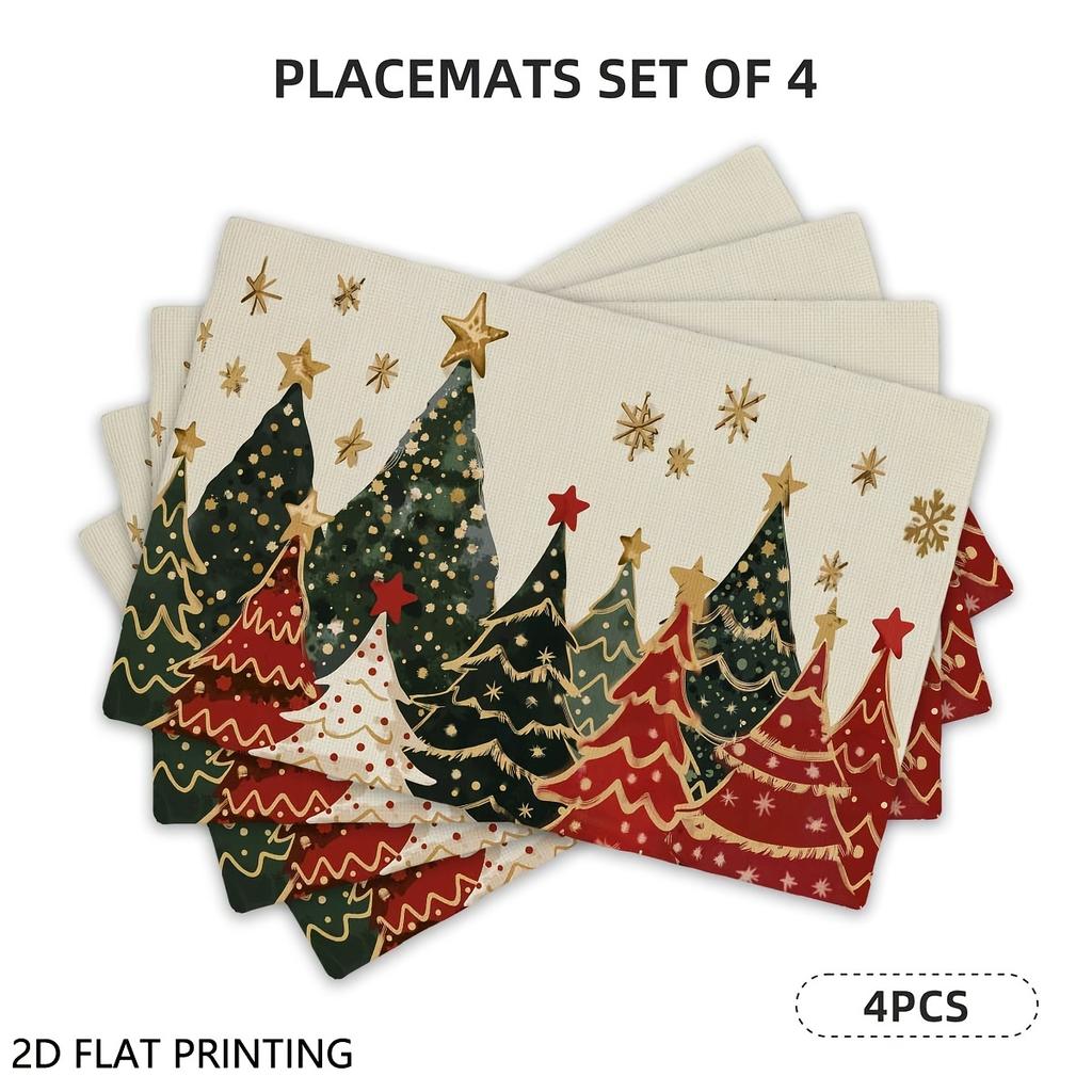 4pcs/6pcs Golden Xmas Tree Table Mats Suitable for Restaurant &, Placemats with Elegant Rectangular Xmas Tree Print, Hand Washable Holiday Decorations