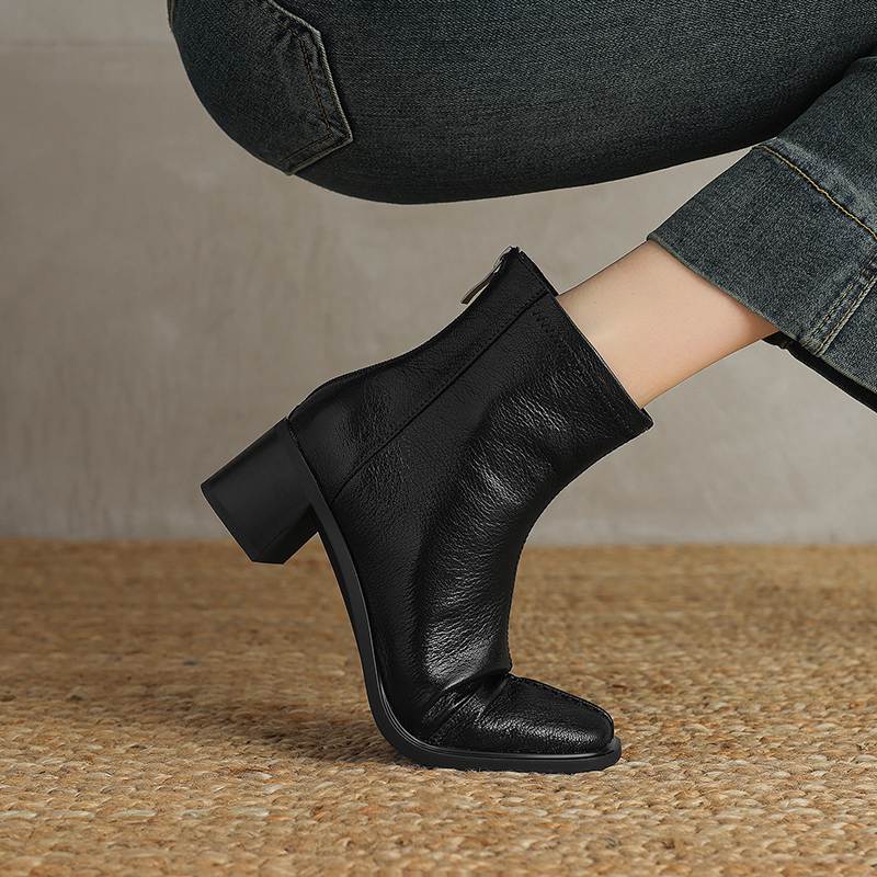 Krazing Pot Sheepskin Autumn Winter Shoes Thick Heels Size 42 Square Toe Zipper Vintage Ankle Boots