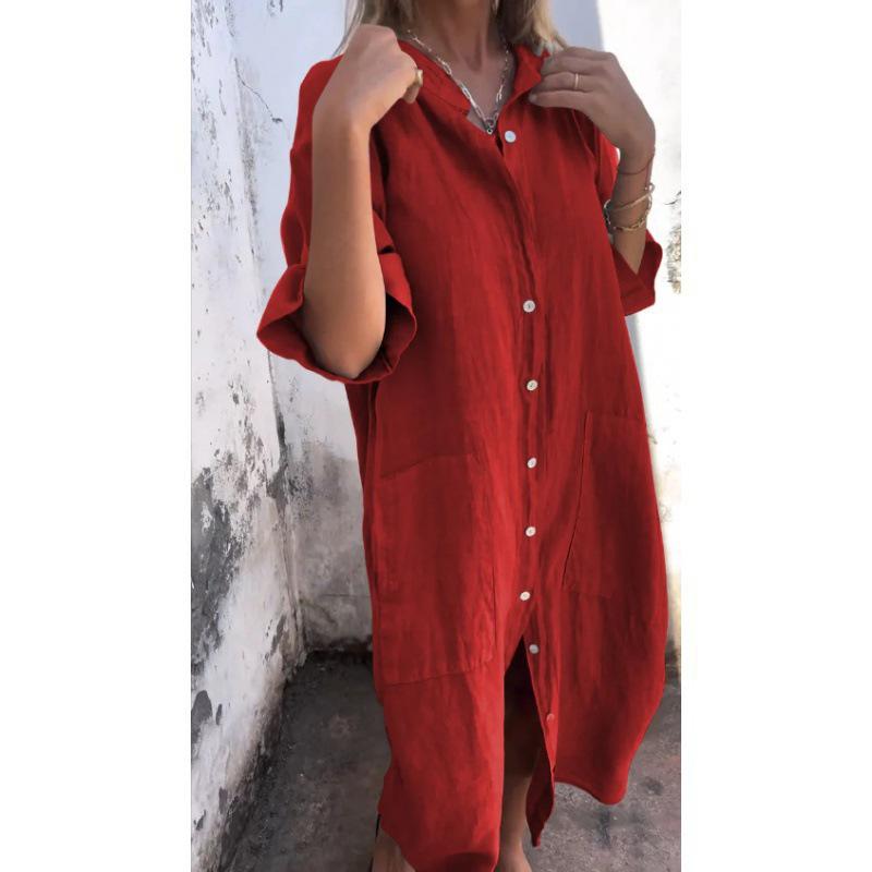 2026 Spring & Summer European-American Style Loose Cotton Linen Mid-Sleeve Shirt Dress for Women