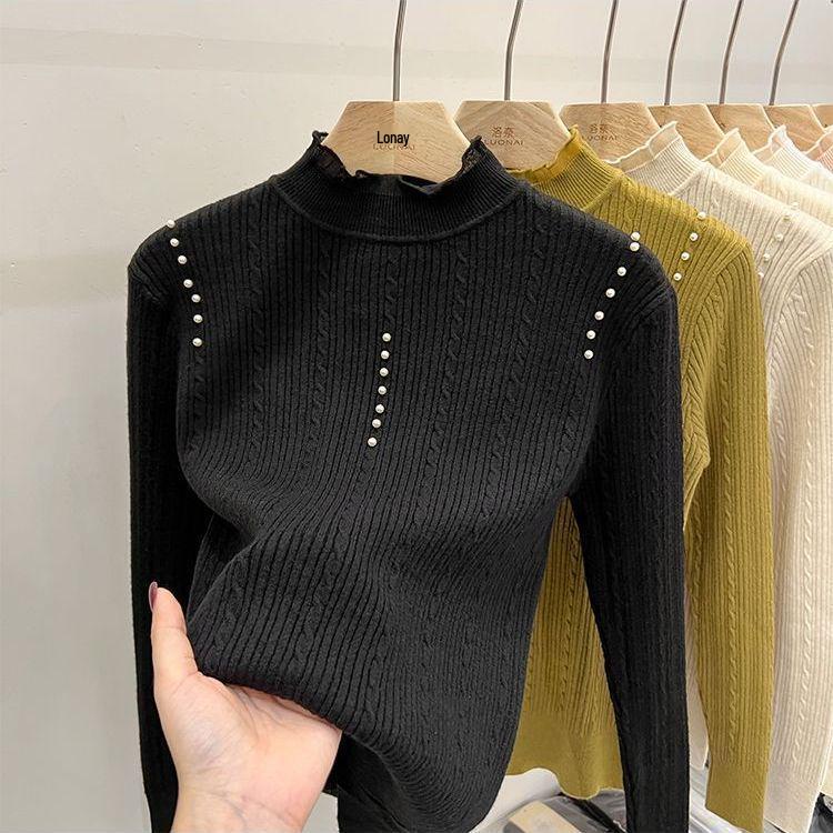 Lace Turtleneck Pearl Sweater: Long Sleeve Petite Knitwear for Autumn/Winter Women