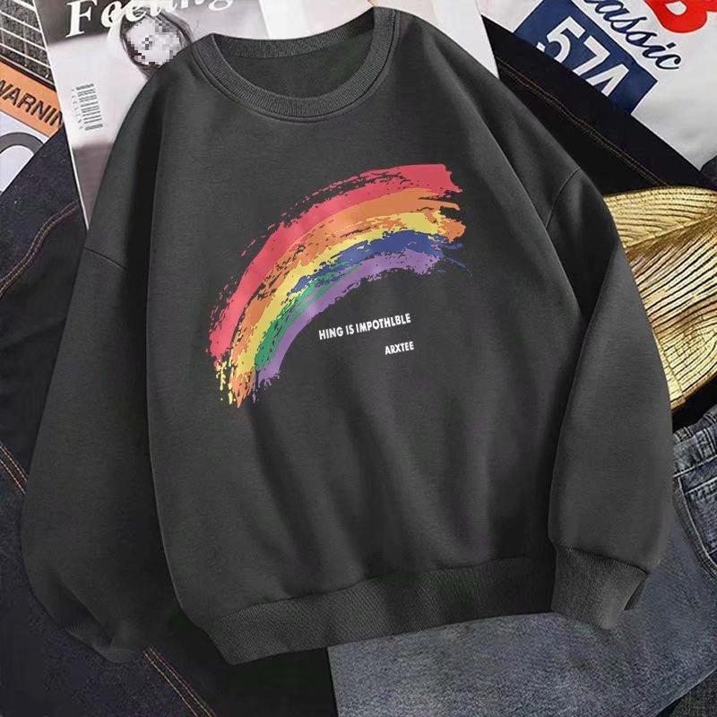 Men's Trendy Loose-Fit Hoodless Sweatshirt - Hong Kong Style, Fleece-Lined, Spring & Autumn, Round Neck, Couple's Pullover.