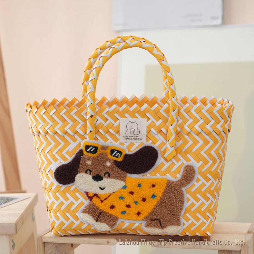Woven Sausage Puppy Large Capacity Handbag - Cute Vegetable Basket Souvenir Gift for Girls & Commuters