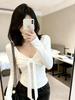 Korean White Lace-Up Bow Long-Sleeve T-Shirt for Women - Autumn/Winter Slimming Base Layer