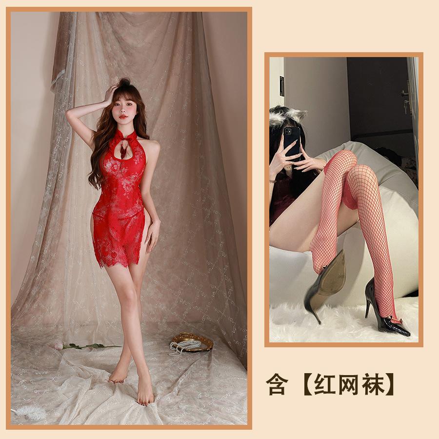 Sexy Underwear Lace Hollow Sexy Cheongsam Temptation Open Fork Perspective Pajamas Slim Bed Set