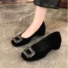 Coarse Heel Single Shoes Women's Autumn New Versatile Shallow Mouth French Rhinestone Temperament Square Head Soft Sole Commute Leisure