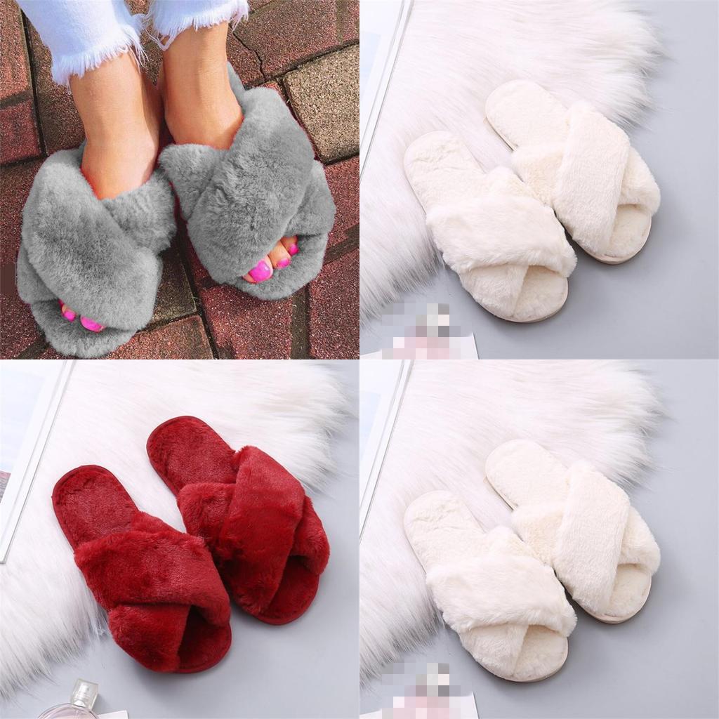Stylish Ladies Fur Fluffy Slippers Cross Furry Summer Mules Shoes In Black