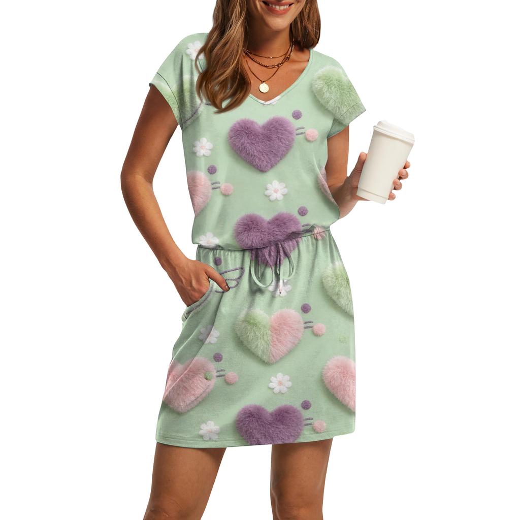 Women's V,Neck Short,Sleeve Drawstring Pocket Valentine's Day Print Casual Dress