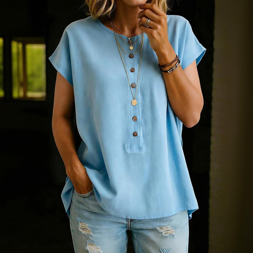 Women's Short-sleeved Plain-colored Button-up Blouse