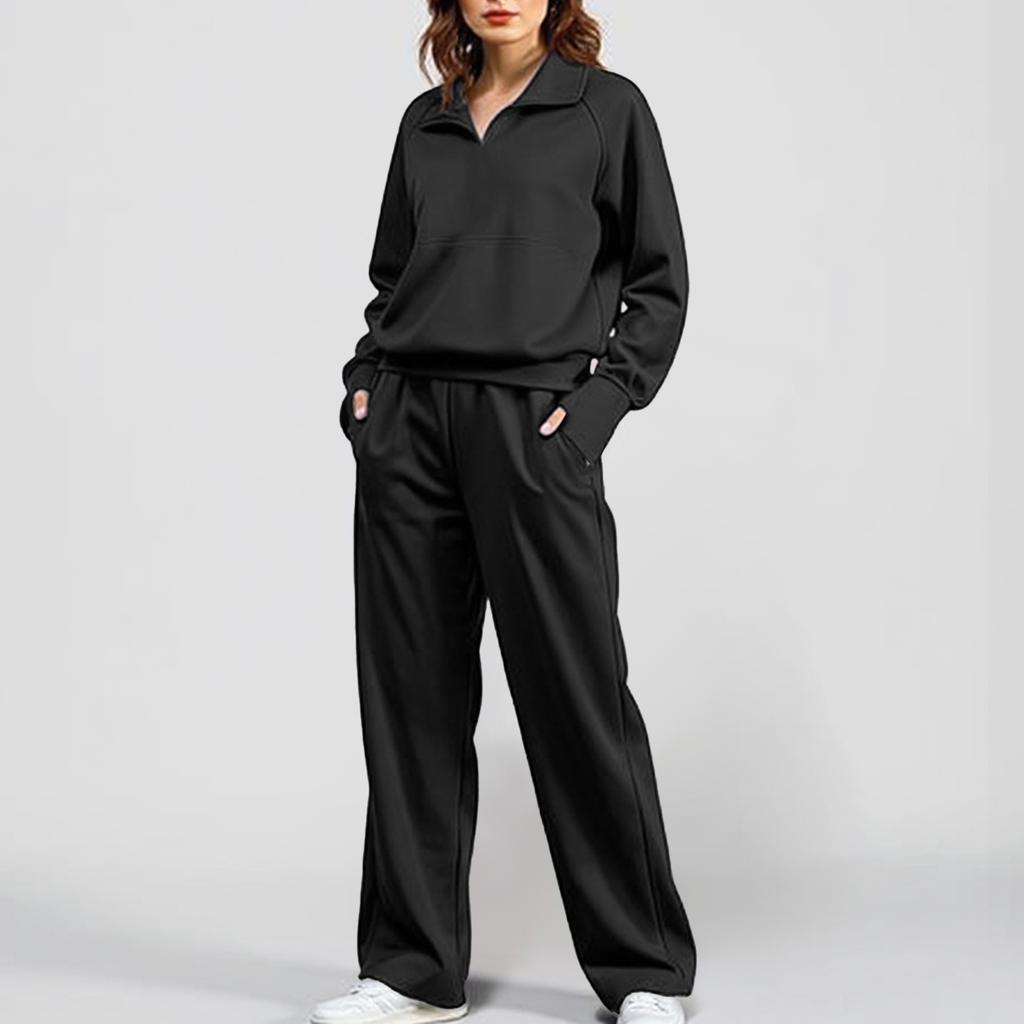 Women's 2-piece Set With Stand-up Collar, Half-zip Sportswear, Loose Sweatshirt, Fashionable Wide-leg Pants And Sweatpants Suit