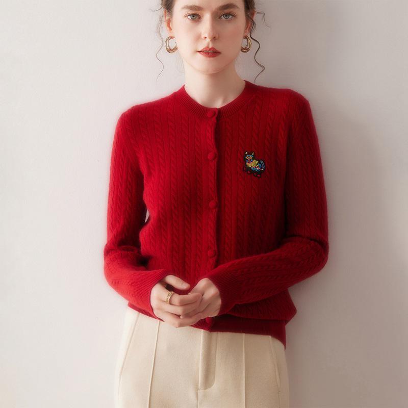 

Мужской и женский кардиган из 100% чистого кашемира с кабельным узором и вышивкой «Мяу», с круглым вырезом, с длинным рукавом, верхняя одежда, осень/зима 2025 Medium