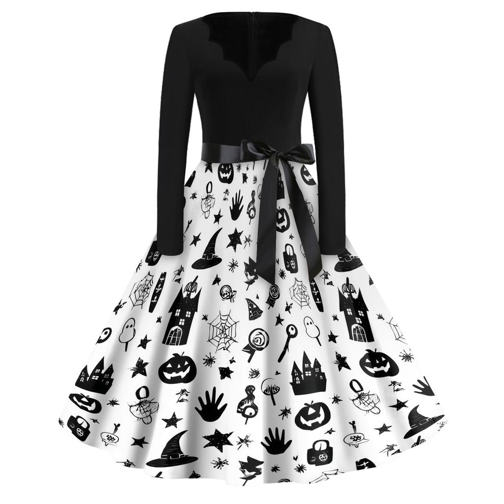 Womens Halloween Printed Size Dress Crew Neck Long Sleeve Vintage Swing Dress with Belt Pocket Free Design