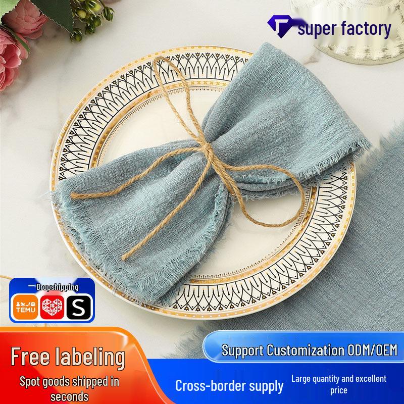 Crinkled Frayed Edge Bamboo Cotton Napkin with Tassels – Western Art Table Decoration Placemat