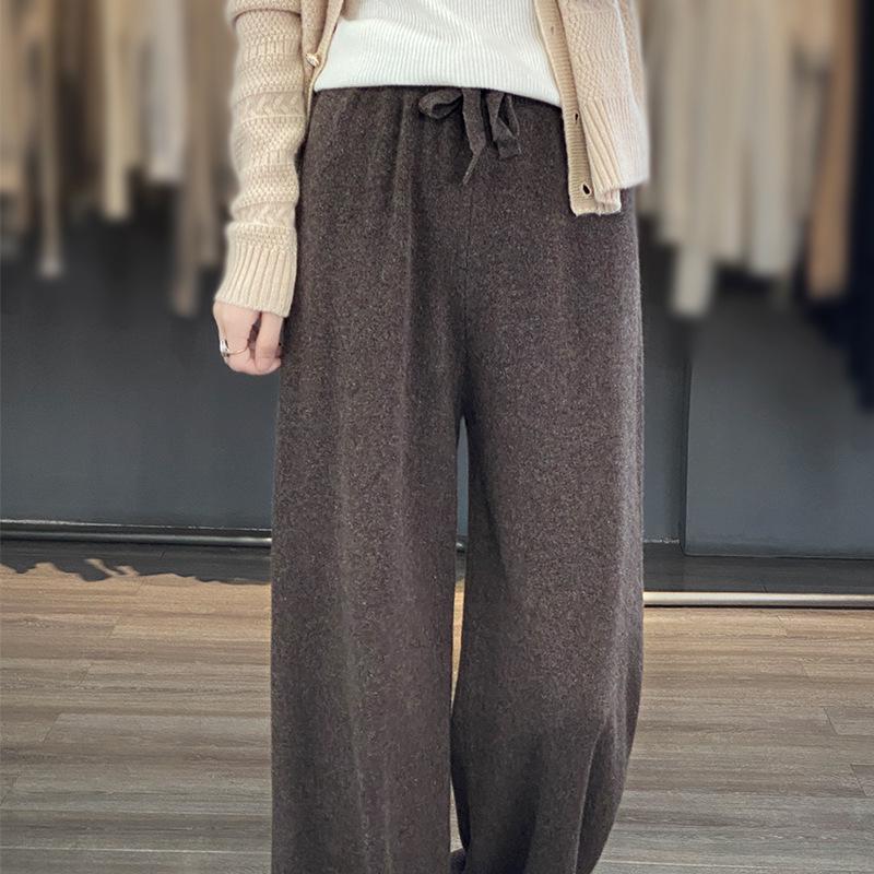 

Жіночі штани з широкими штанинами з 100% чистої вовни - З високою посадкою, Потовщені, Повсякденні, Довгі, для носіння восени/взимку, Кашемір, Прямі штанини. M