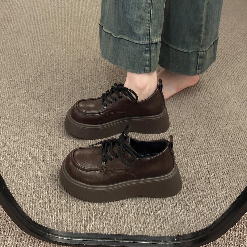 New lace-up platform small leather shoes women's spring muffin J retro loafer single shoes