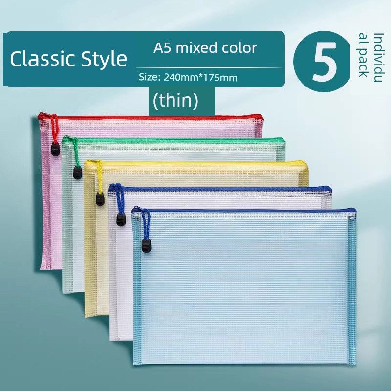 Transparent Plastic Large-Capacity Mesh Zipper Bag, Student Test Paper Storage Bag, Student Stationery Subject Bag, A5 Document Folder, Office Use K1 (Thin) A5/Mixed Color/5 Pcs