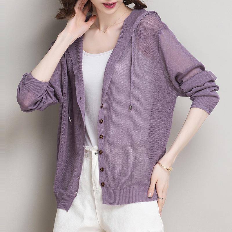 

Летний новый кардиган из ледяного шелка, женское тонкое солнцезащитное пальто, весенне-осенний вязаный свитер с капюшоном 2XL светло-фиолетовый