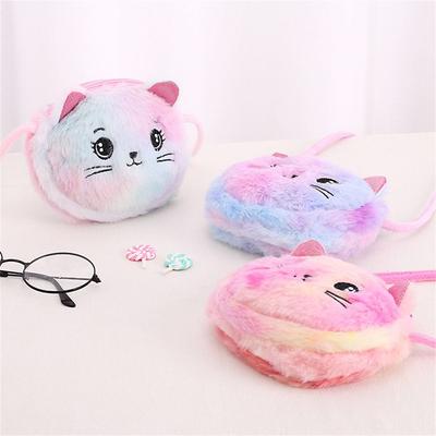 Kinder Mini Niedliche Taschen Regenbogenfarbe Süße Katze Umhängetasche Handtasche Plüsch Stofftiere Tasche Weiche Handtaschen für Mädchen