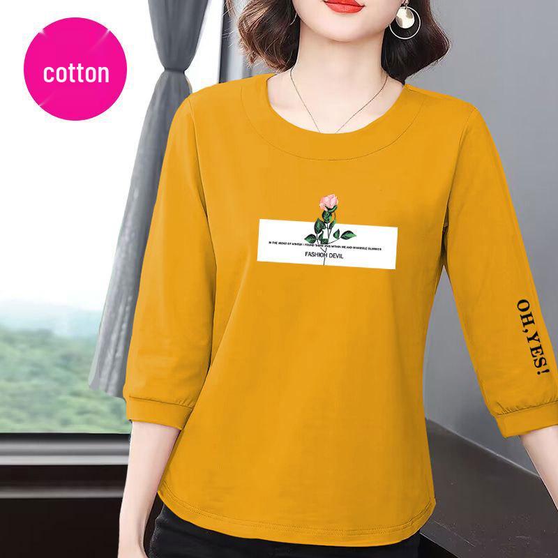 Premium Women's Cotton Seven-Sleeve T-Shirt - Korean Style, Summer 2025, Casual Loose Fit, Belly-Covering, Slimming, Versatile Top