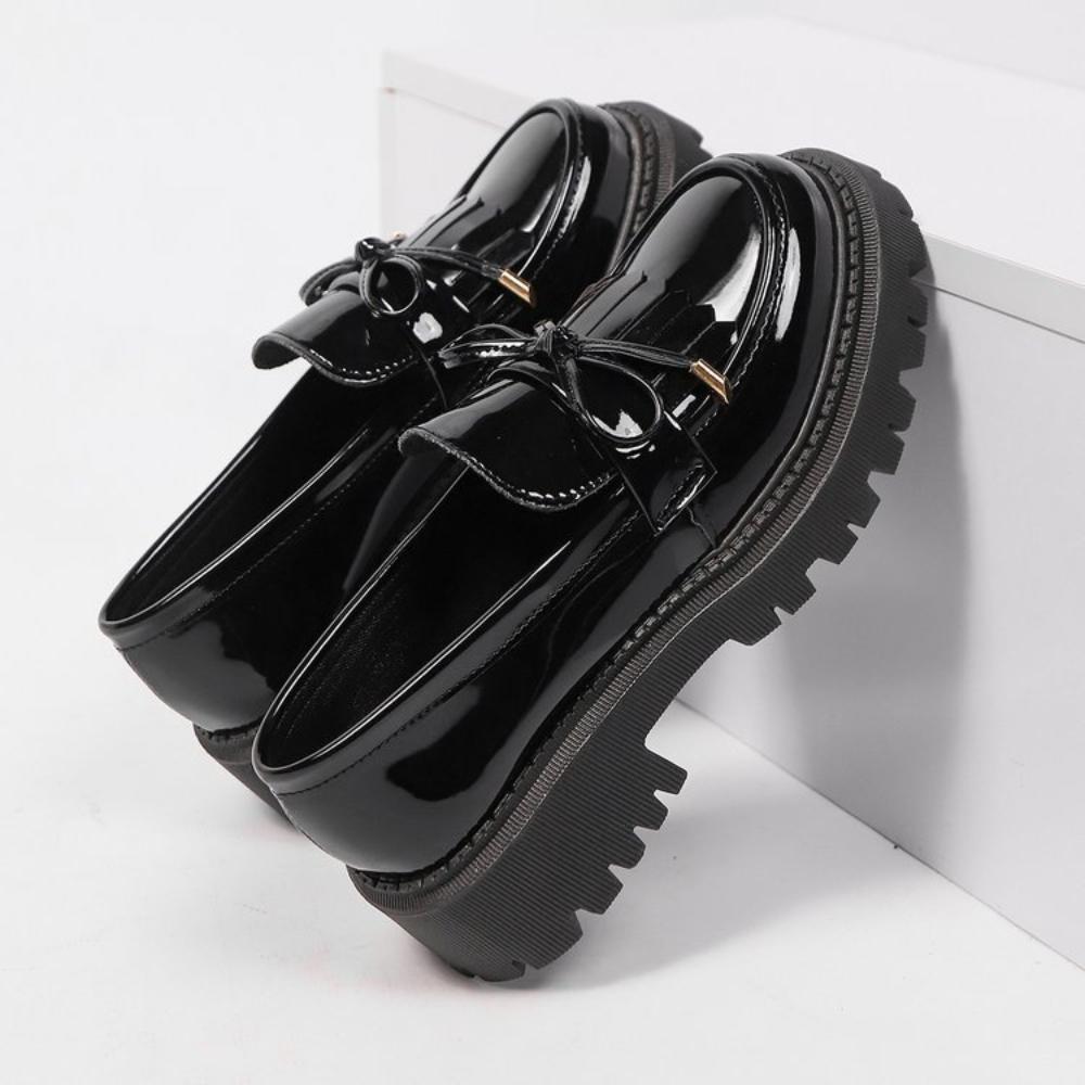 Summer Black Vintage Platform Flats Shoes Women Easy To Put On Butterfly Knot Med Heels Loafers Daily Shoes