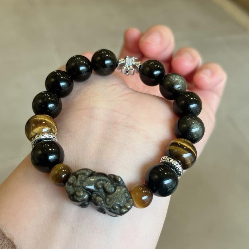 Natural Obsidian Pixiu Bracelet With Tiger Eye Beads Handmade Boho Chic Unisex Jewelry Daily Wear 12mm beads