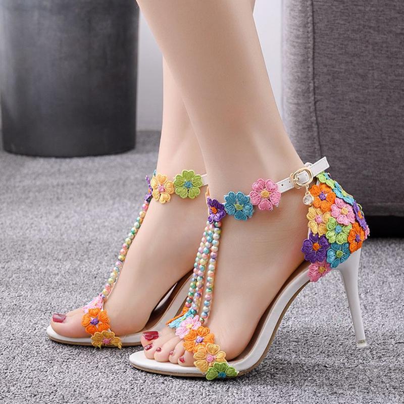 Liyke Nová móda Smíšená barva Šňůrkové korálky Řemínkové sandály Dámské Vyšívané Krytý podpatek Stiletto Sexy Otevřená špička Svatba Banketové boty