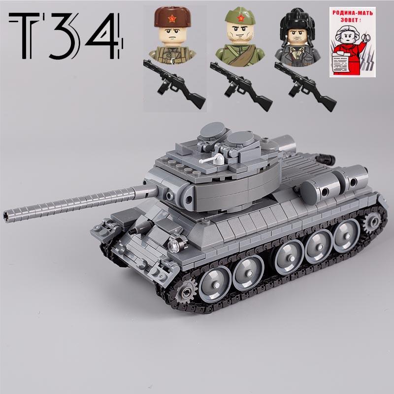 WW2 Military Soviet T34 Battle Tank Building Blocks Soldier Figures Army Weapons Guns PPSH Rifle Parts Mini Bricks DIY Kids Toys