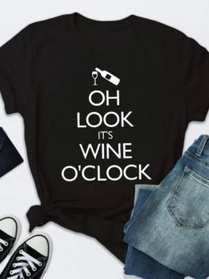 É Hora do Vinho Camiseta Estampada com Letras Mulheres Manga Curta Gola O Camiseta Solta Senhoras Verão Mulheres Camiseta Tops Camisetas Mujer