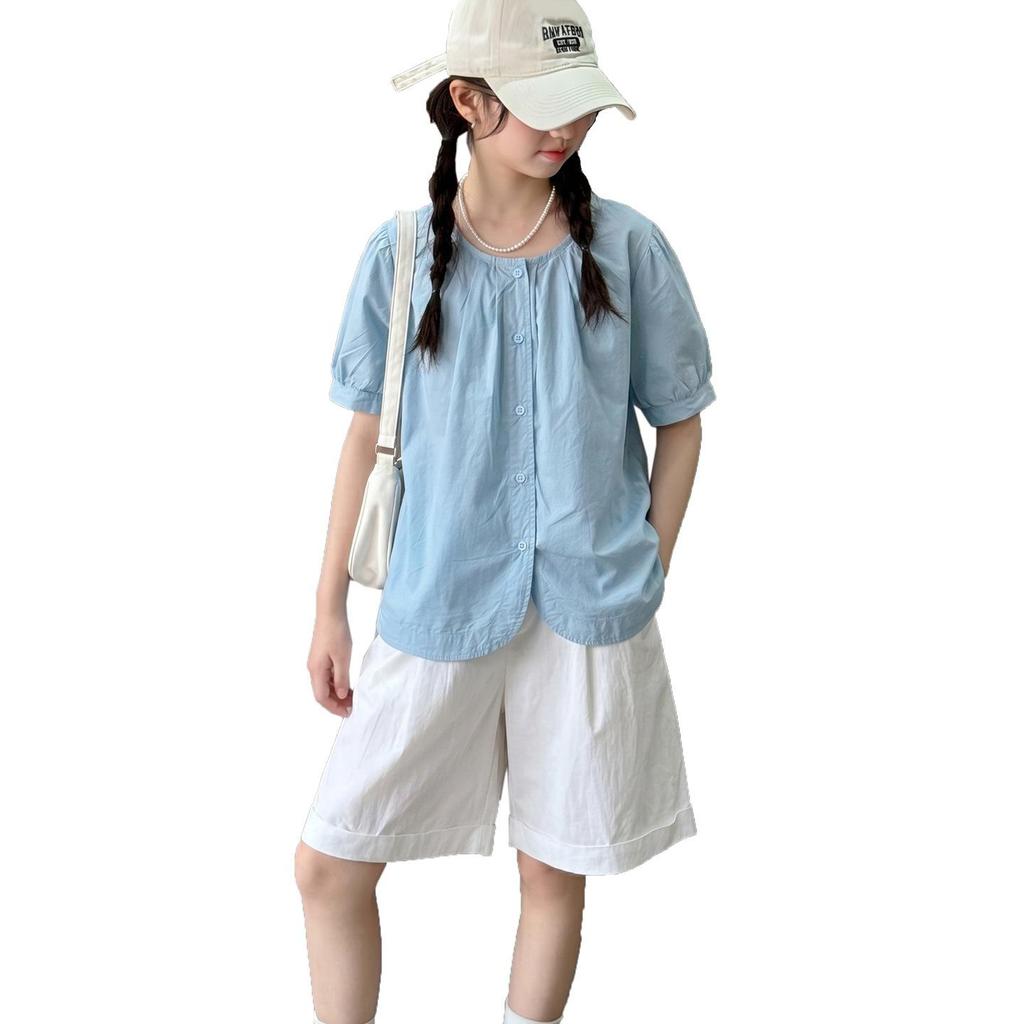 Girls' Korean Style Short-Sleeve Doll Shirt & Casual Shorts Two-Piece Summer Set