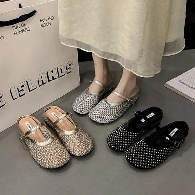 Fashion Rhinestone Women Flat Sandals 2025 New Temperament Soft Sole Mesh Sandals One-line Buckle Hollow Breathable Casual Shoes Women