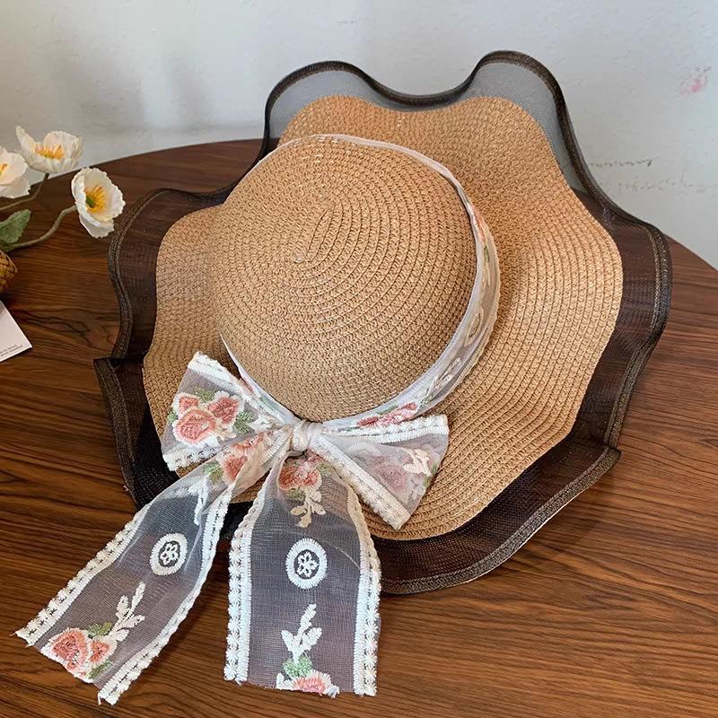 Lace Bow Big Brim Straw Hat Seaside Beach Sunscreen Hat Ladies Pretty Sun Hat